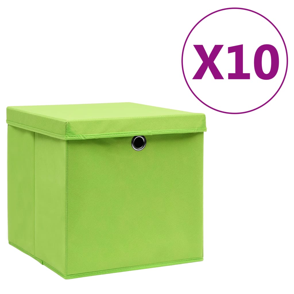 Cutii de depozitare cu capac, 10 buc., verde, 28 x 28 x 28 cm